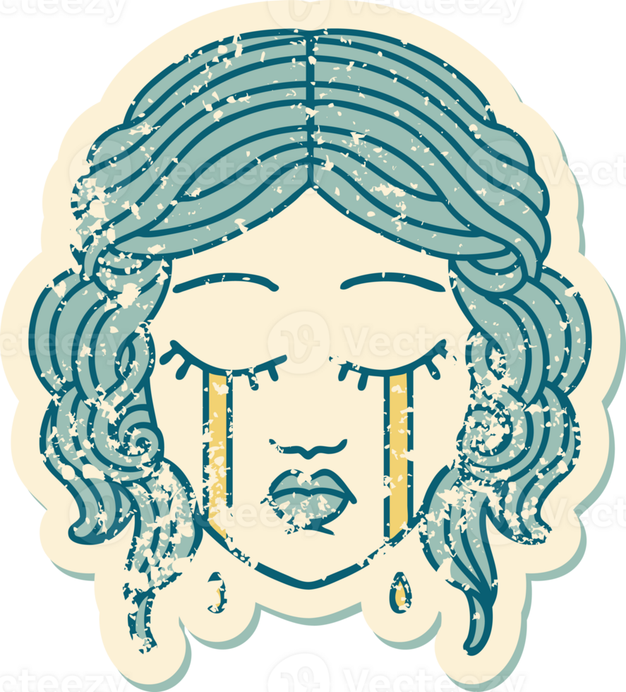 iconic distressed sticker tattoo style image of female face crying png