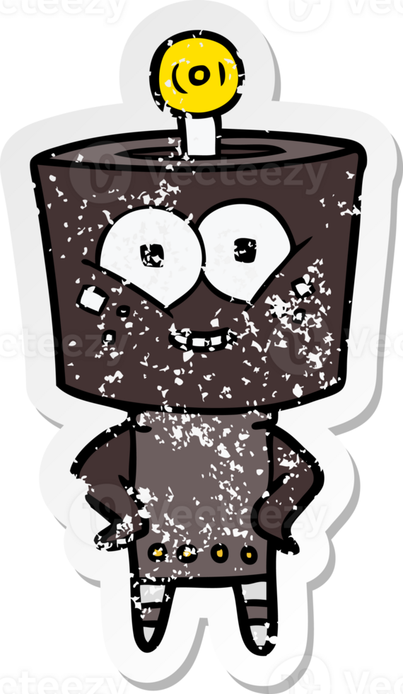 distressed sticker of a happy cartoon robot png