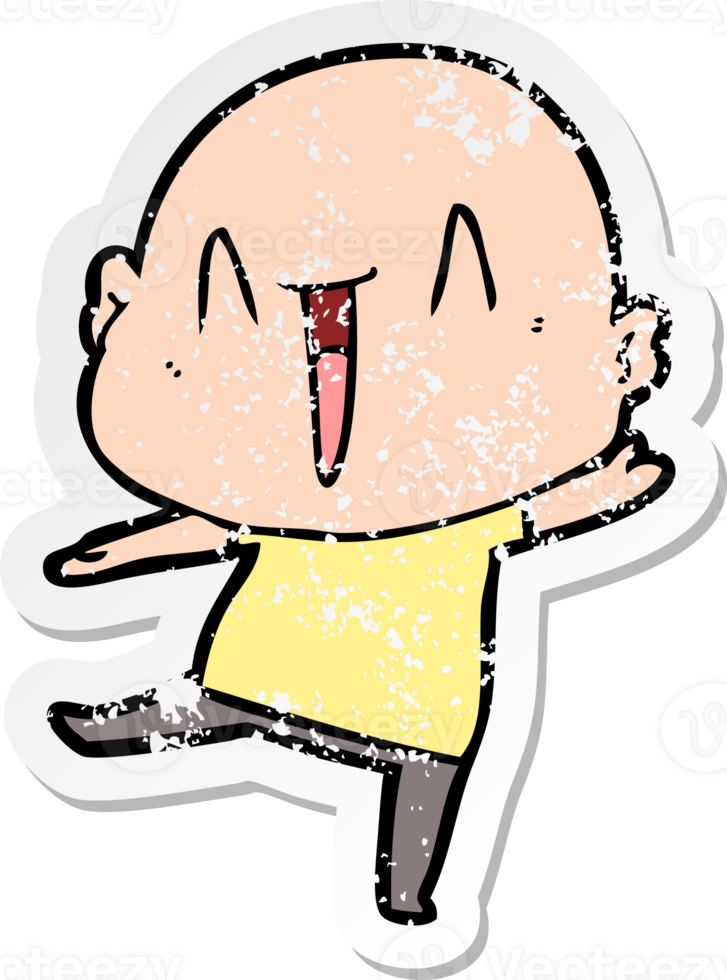 distressed sticker of a happy cartoon bald man png