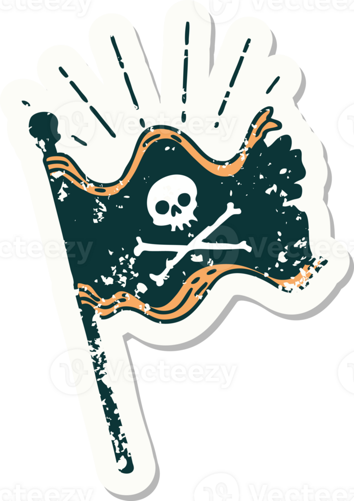 worn old sticker of a tattoo style waving pirate flag png