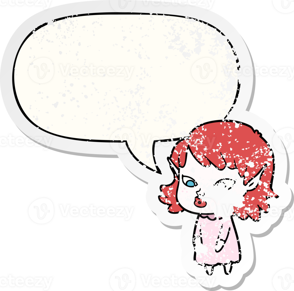 cartoon elf girl with pointy ears with speech bubble distressed distressed old sticker png