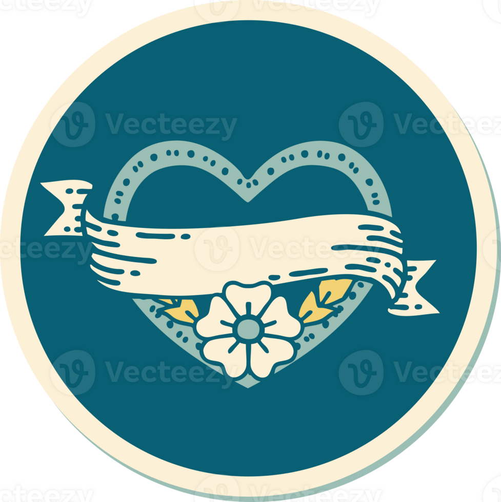 sticker of tattoo in traditional style of a heart and banner with flowers png
