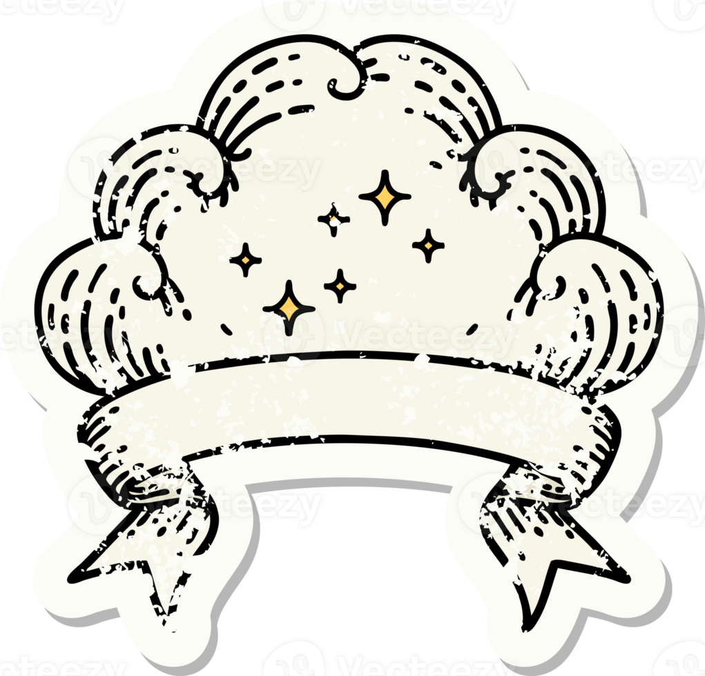 worn old sticker with banner of a cloud png