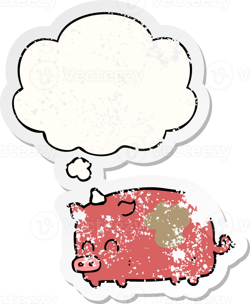 cute cartoon pig with thought bubble as a distressed worn sticker png