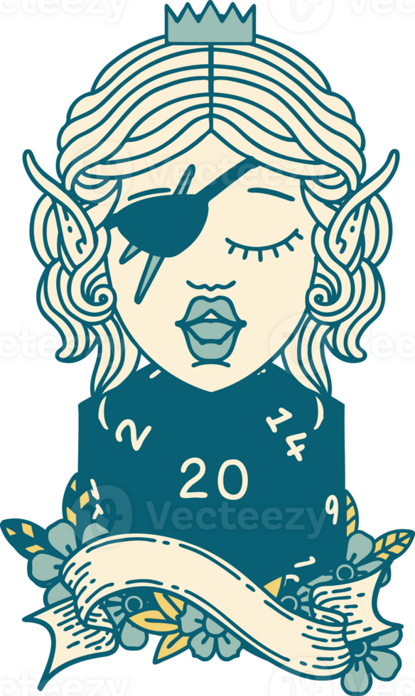 Retro Tattoo Style elf rogue with natural twenty dice roll png