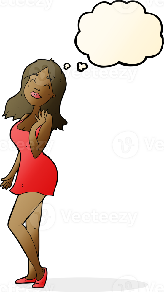 cartoon pretty woman in cocktail dress with thought bubble png