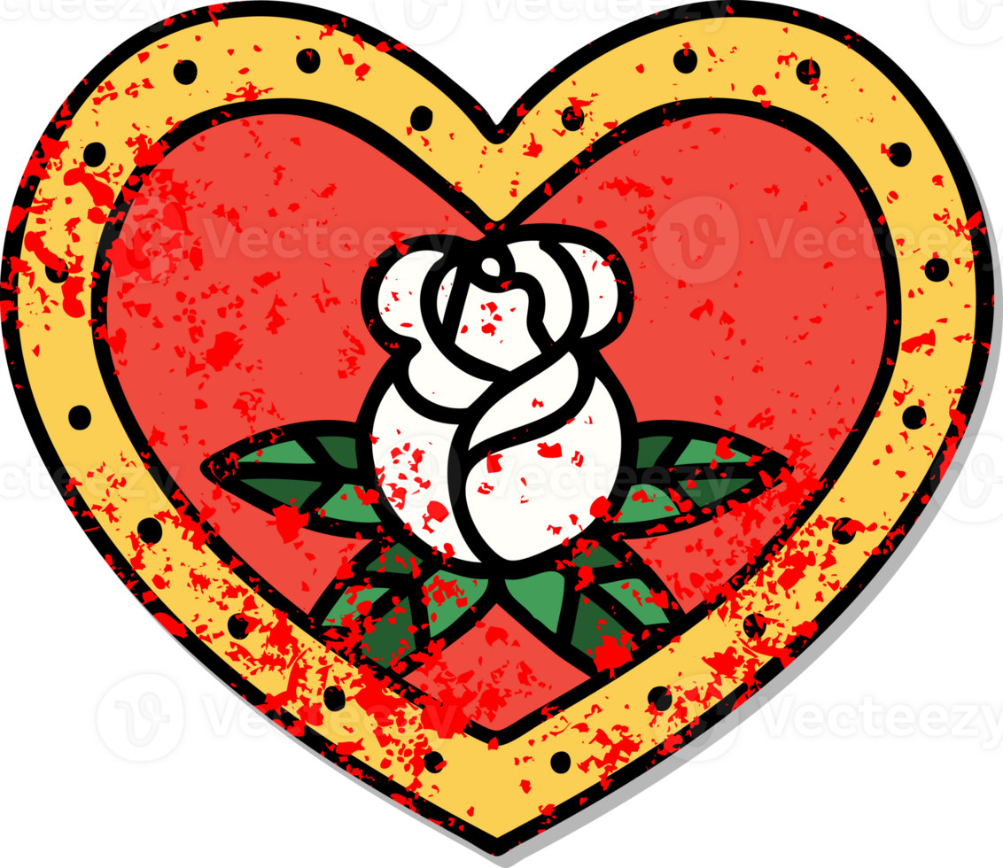distressed sticker tattoo in traditional style of a heart and flowers png