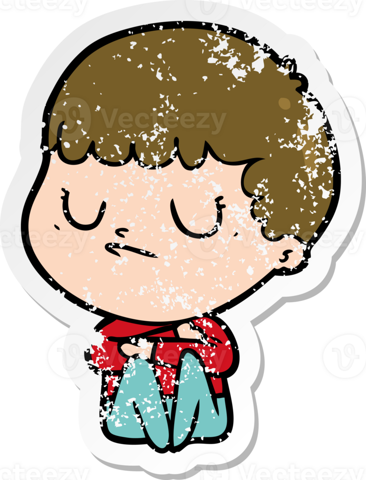 distressed sticker of a cartoon grumpy boy png