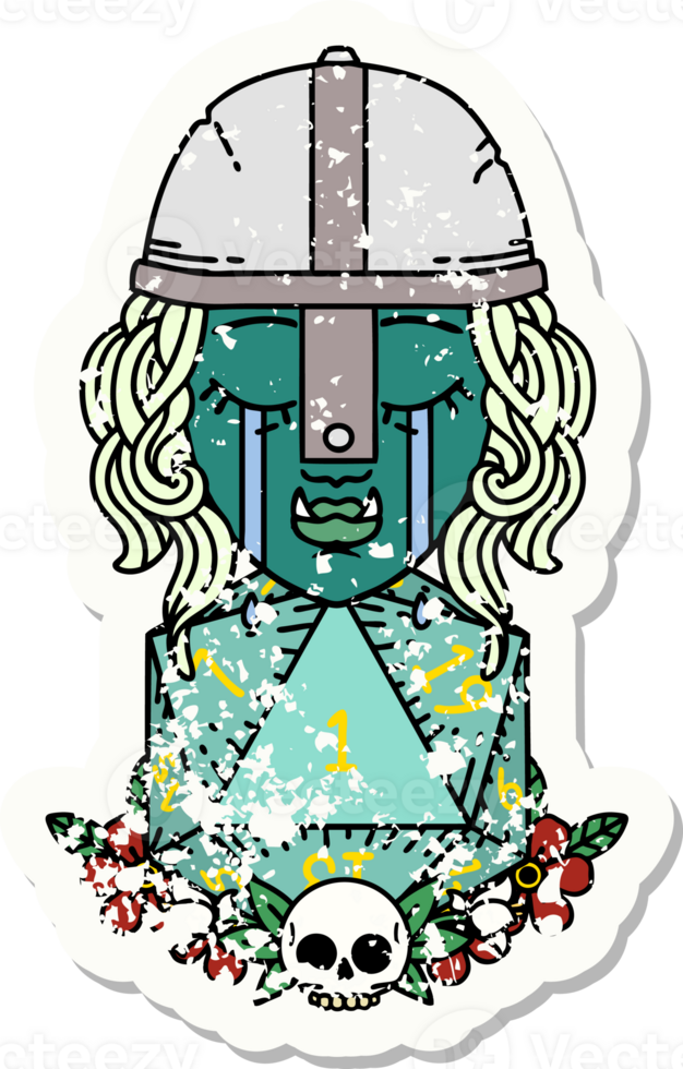 Retro Tattoo Style crying orc fighter character with natural one D20 roll png