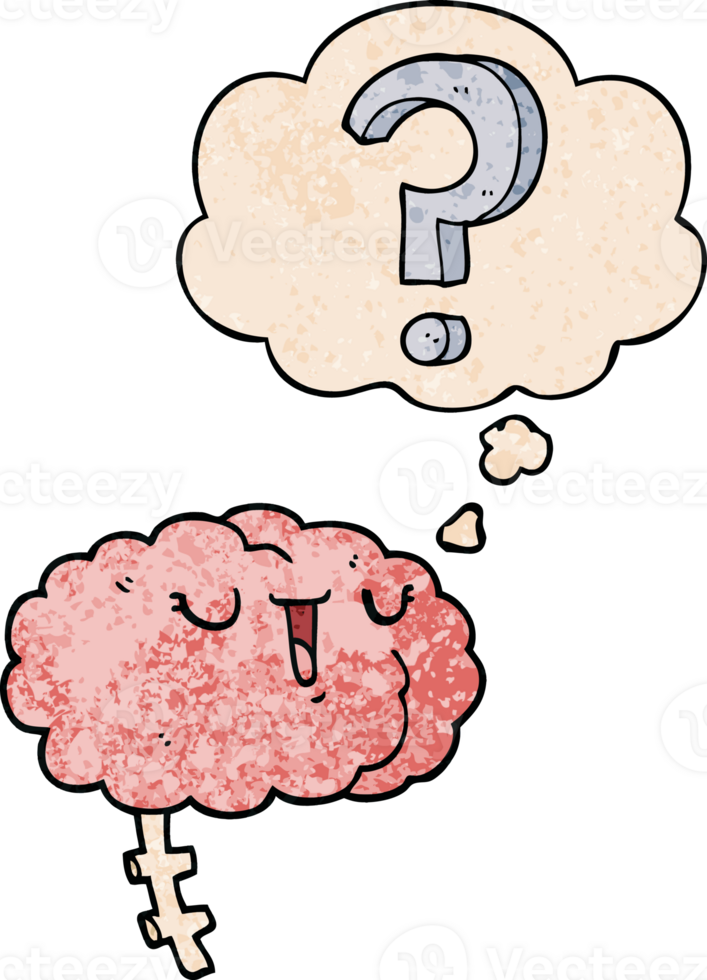 cartoon curious brain with thought bubble in grunge texture style png