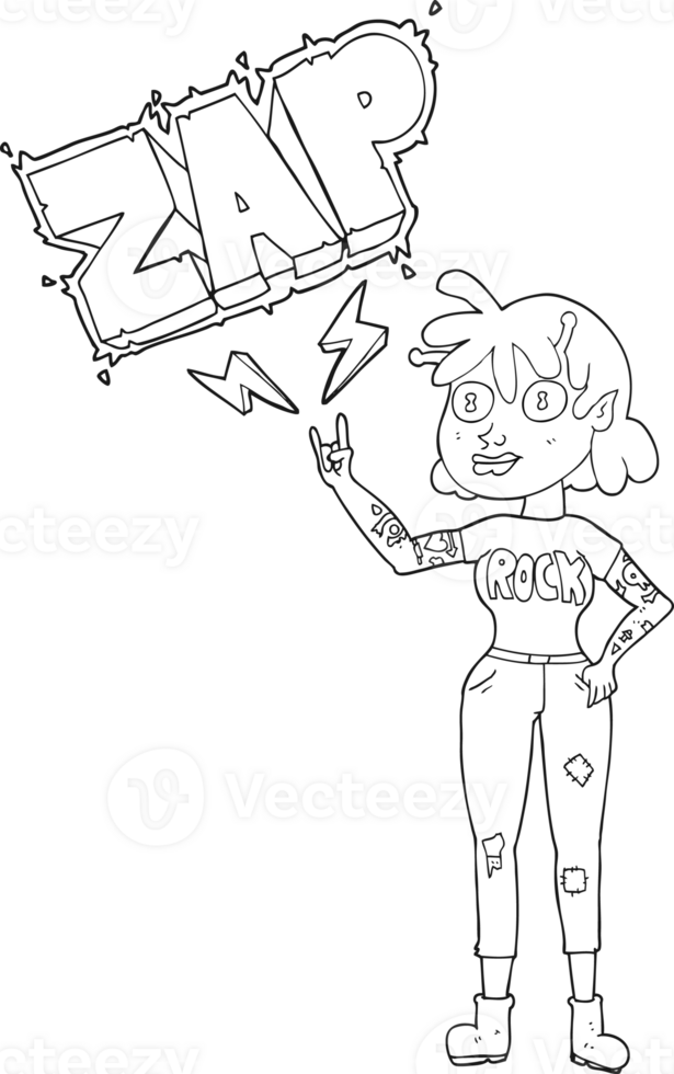 hand- getrokken zwart en wit tekenfilm buitenaards wezen rots ventilator meisje png