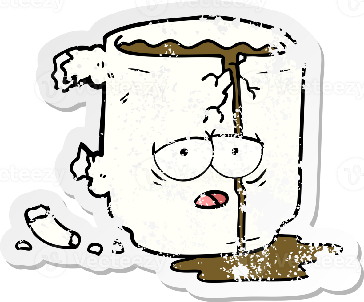 distressed sticker of a cartoon broken mug png