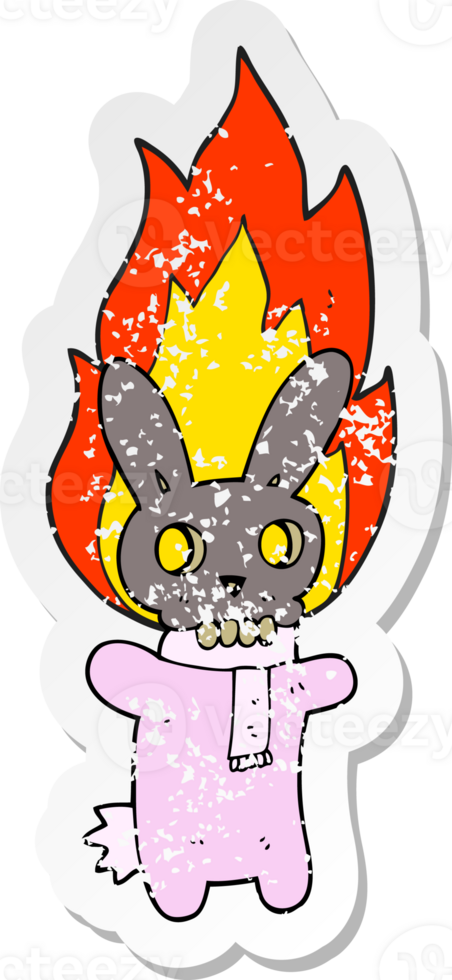 retro distressed sticker of a cartoon flaming skull rabbit png