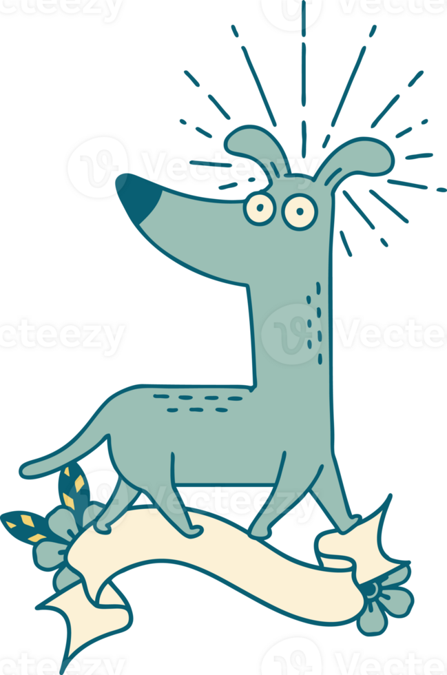 scroll banner with tattoo style surprised dog png