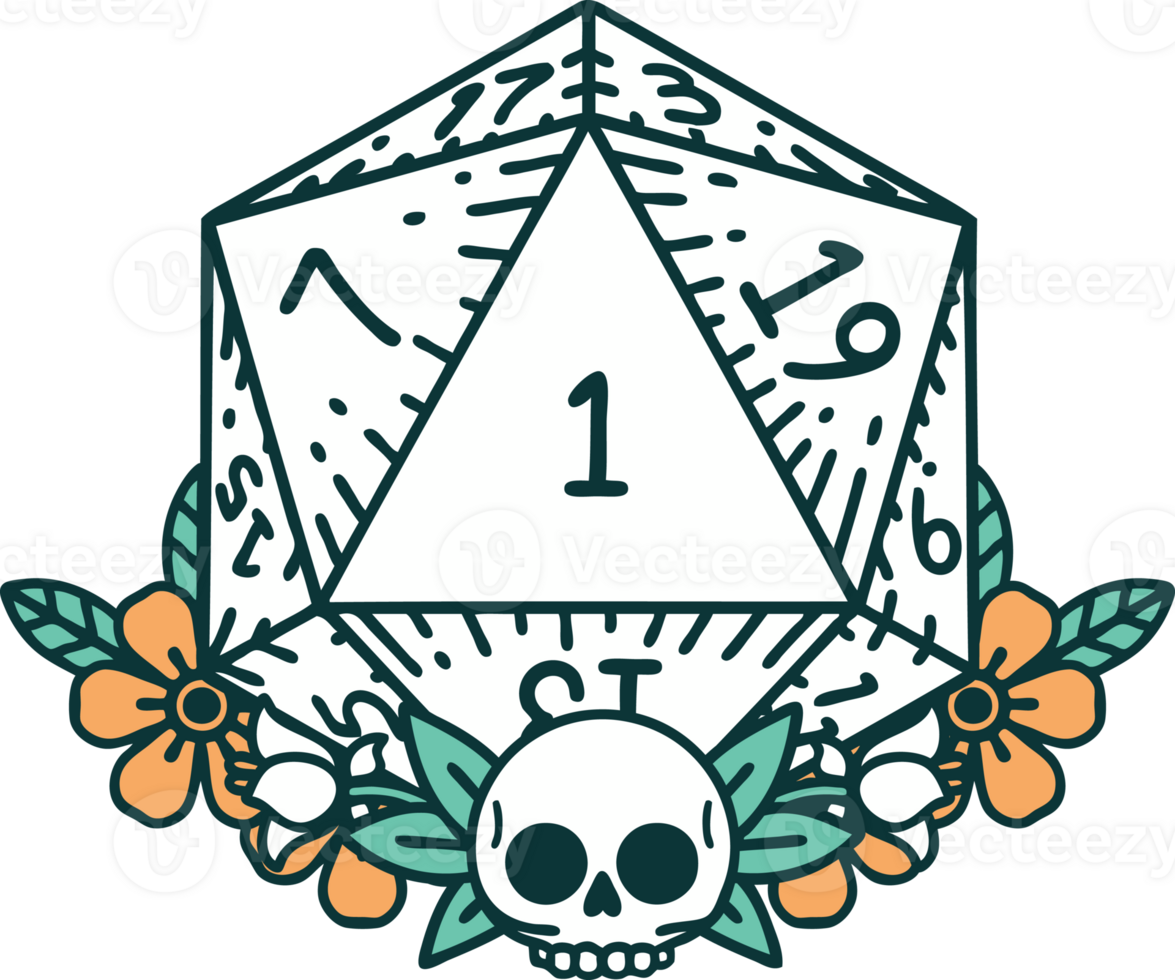 Retro Tattoo Style natural one dice roll with floral elements png