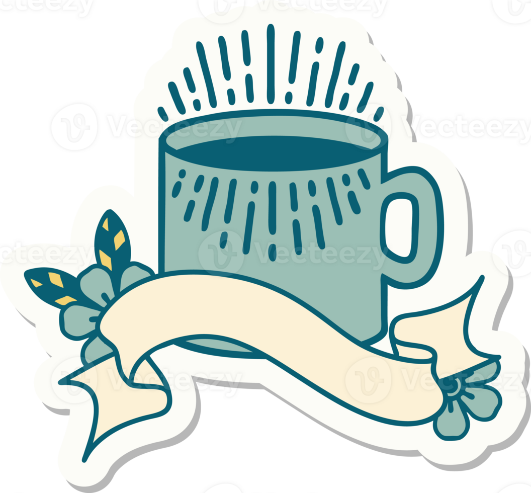 tattoo style sticker with banner of cup of coffee png