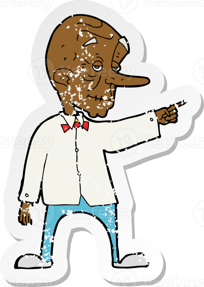 retro distressed sticker of a cartoon old man pointing png