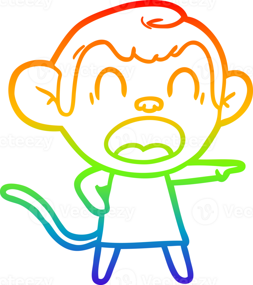 rainbow gradient line drawing of a shouting cartoon monkey pointing png