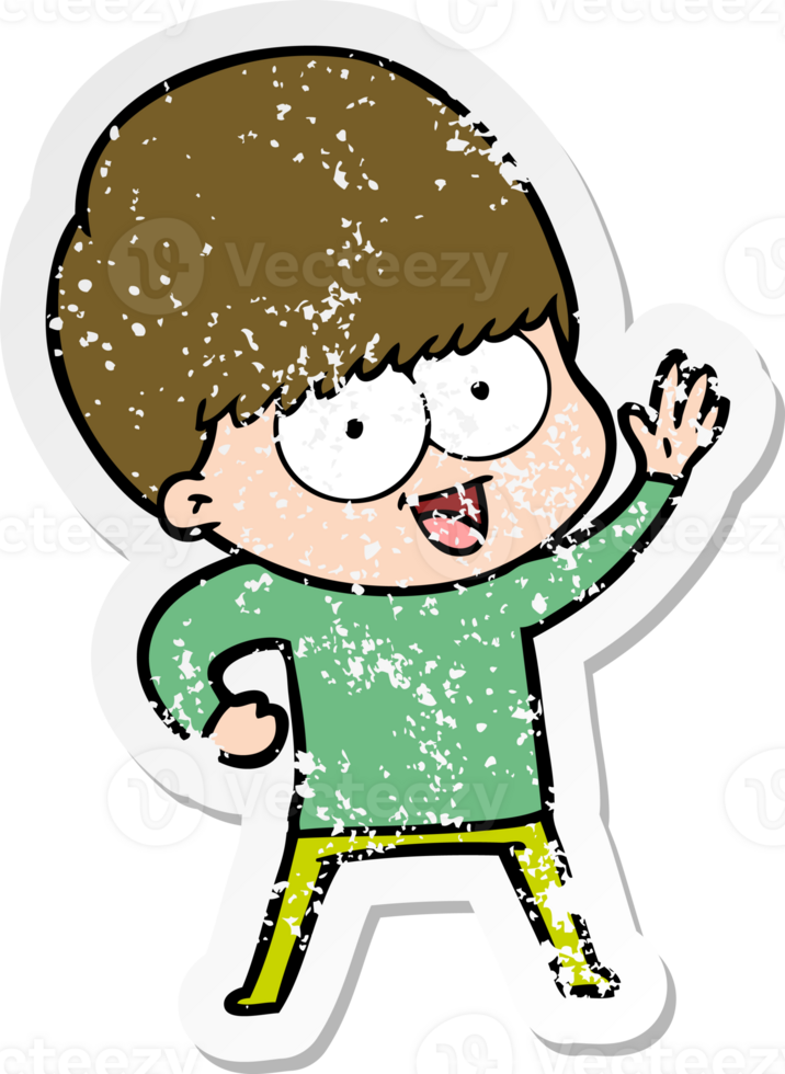 distressed sticker of a happy cartoon boy png