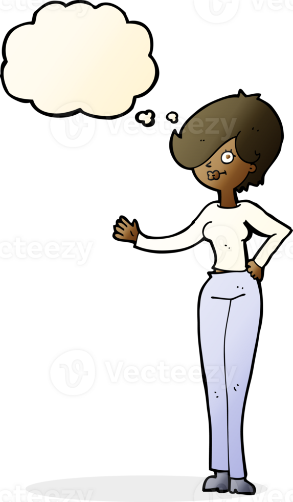 cartoon woman waving with thought bubble png