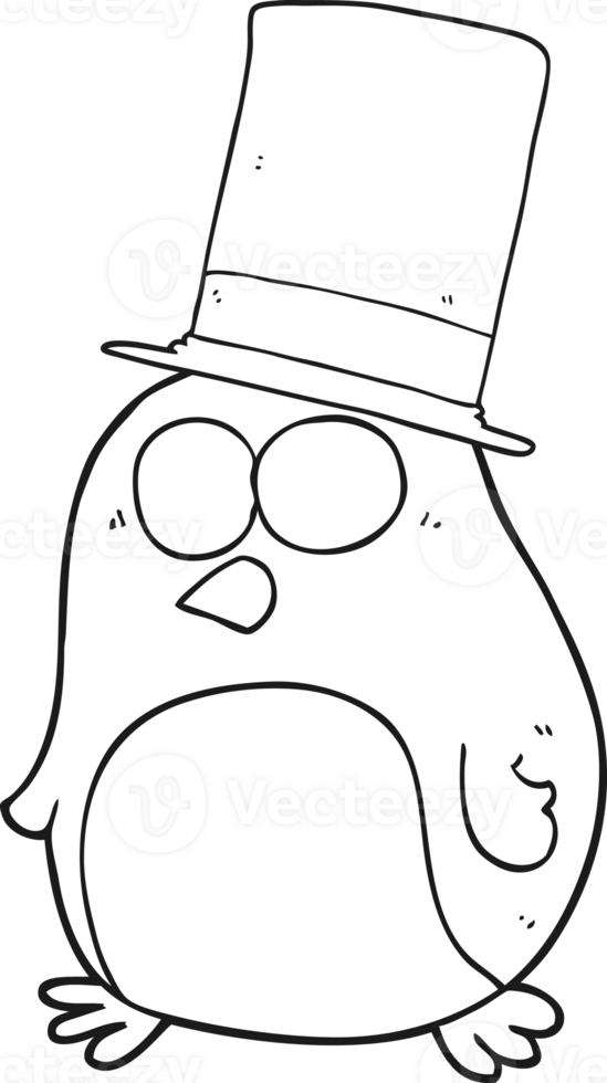 hand drawn black and white cartoon bird wearing top hat png