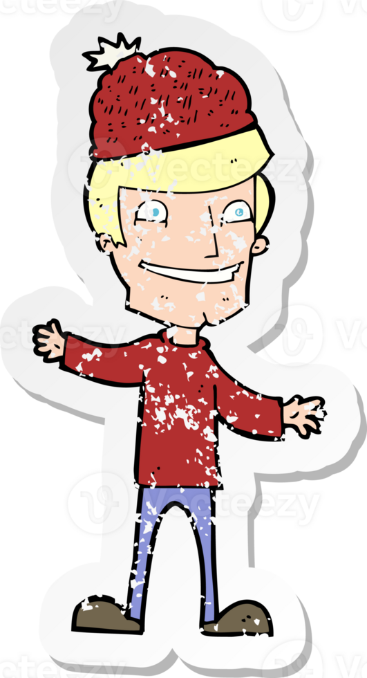 retro distressed sticker of a cartoon man wearing winter hat png