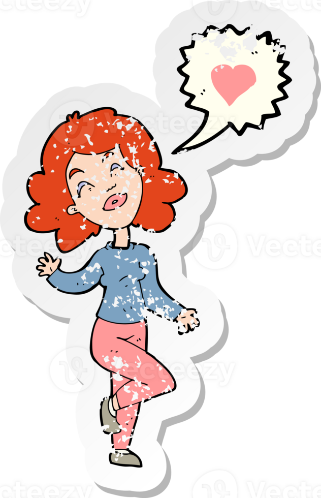 retro distressed sticker of a cartoon woman in love png