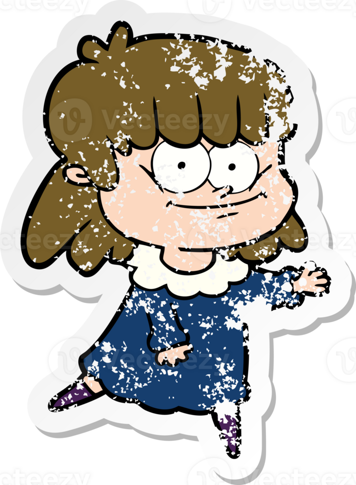 distressed sticker of a cartoon smiling woman png