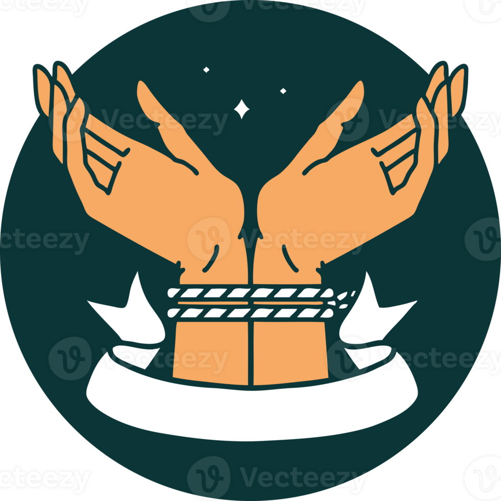 tattoo style icon with banner of a pair of tied hands png