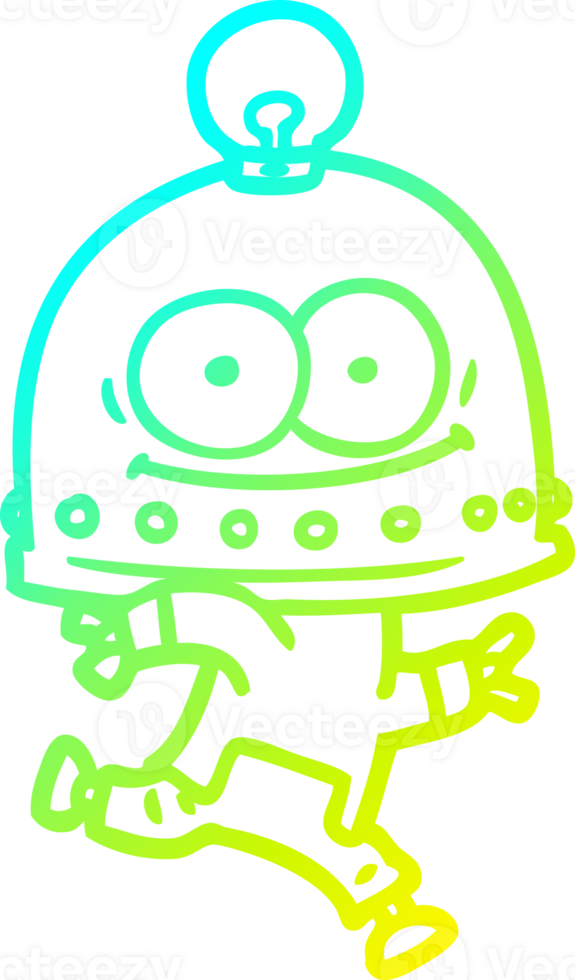 cold gradient line drawing of a happy carton robot with light bulb png