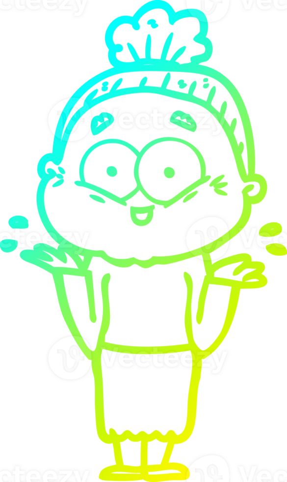 cold gradient line drawing of a cartoon happy old woman png