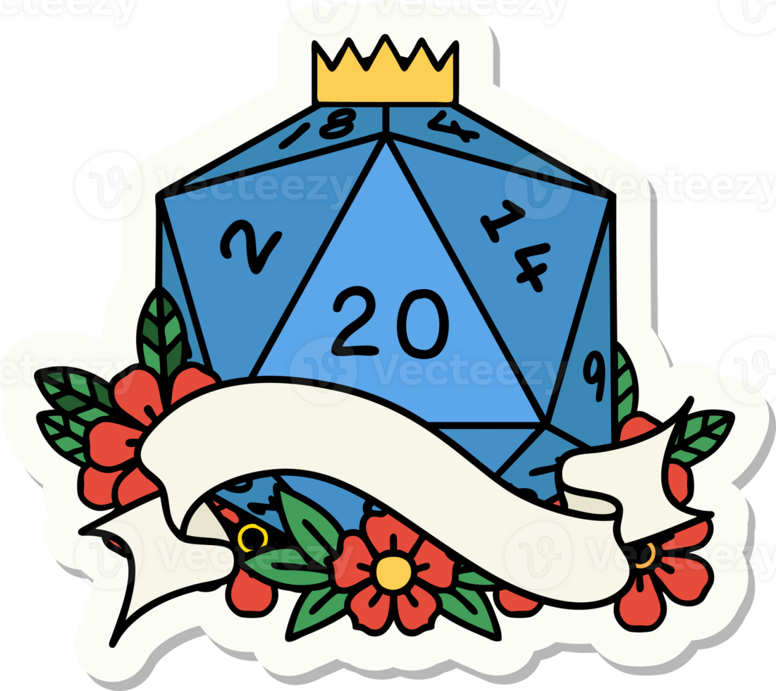 sticker of a natural twenty D20 dice roll png