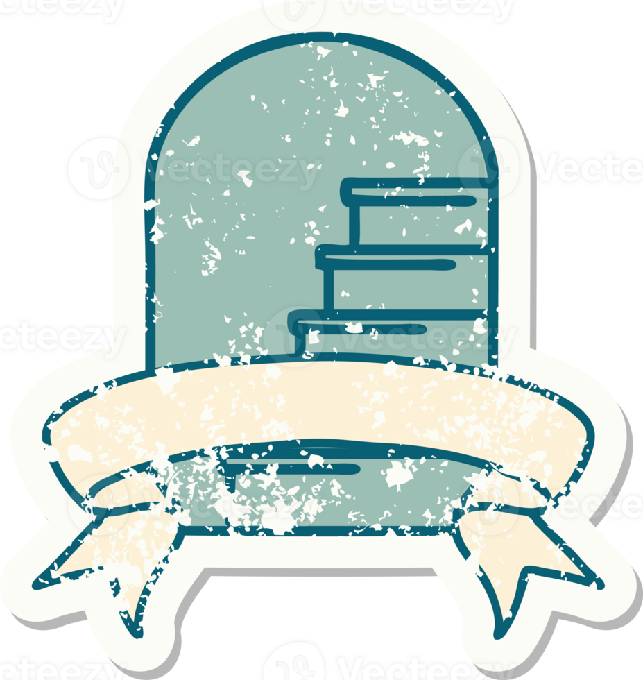 worn old sticker with banner of a doorway to steps png
