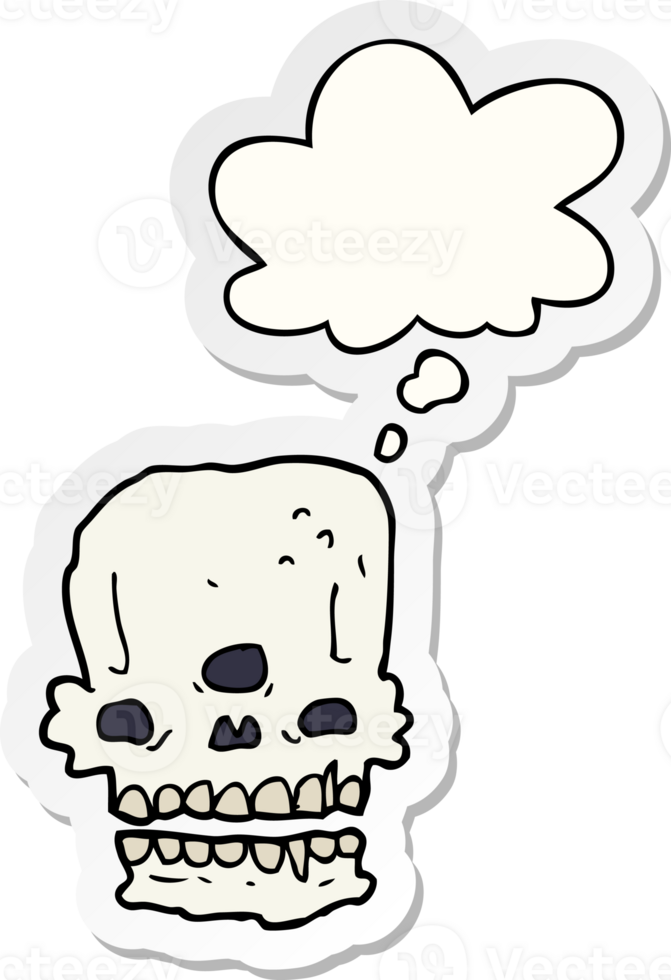 cartoon spooky skull with thought bubble as a printed sticker png