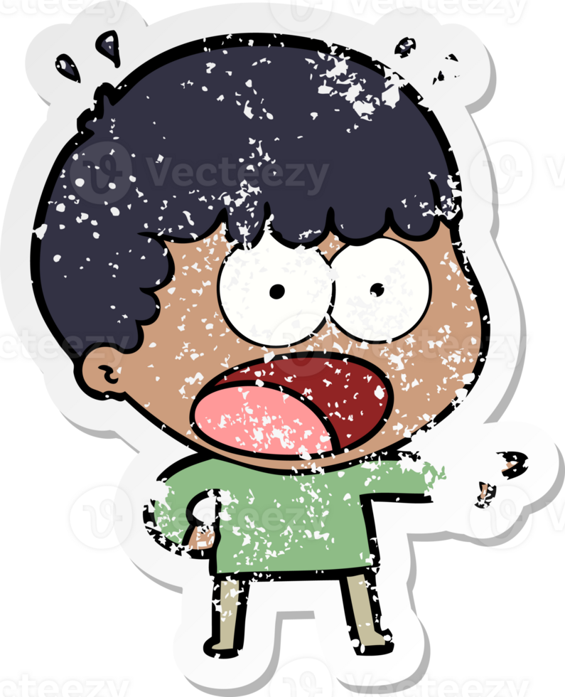 distressed sticker of a cartoon shocked man pointing png