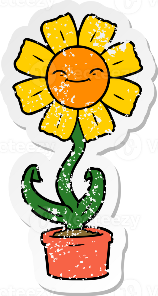 distressed sticker of a happy cartoon flower png