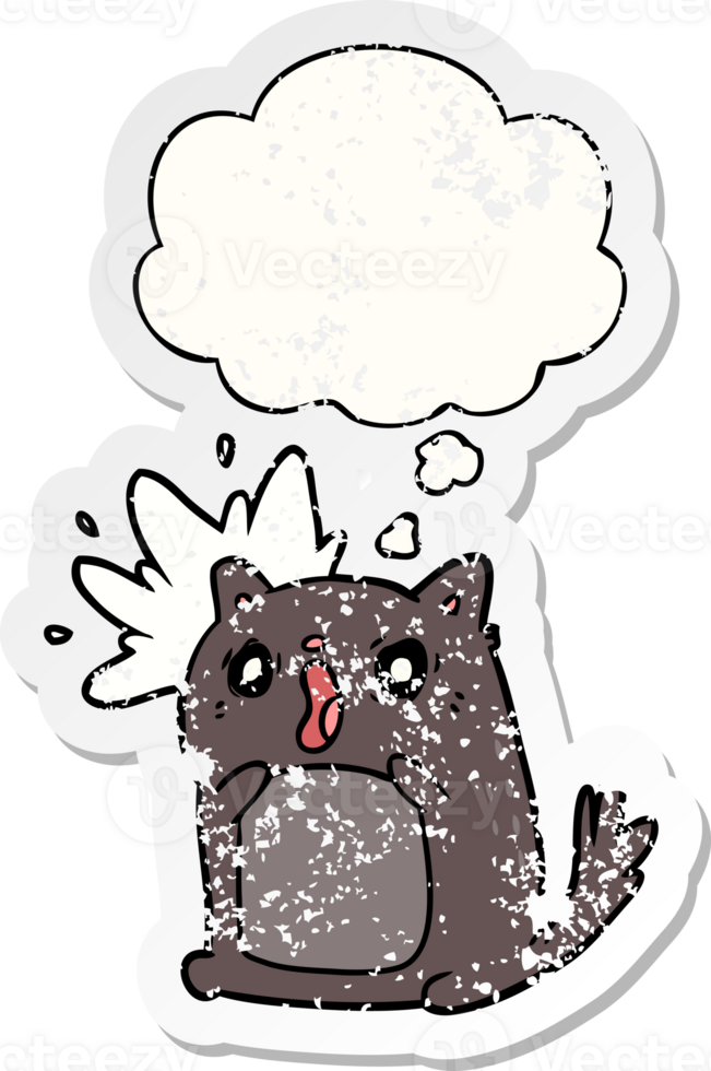 cartoon shocked cat with thought bubble as a distressed worn sticker png