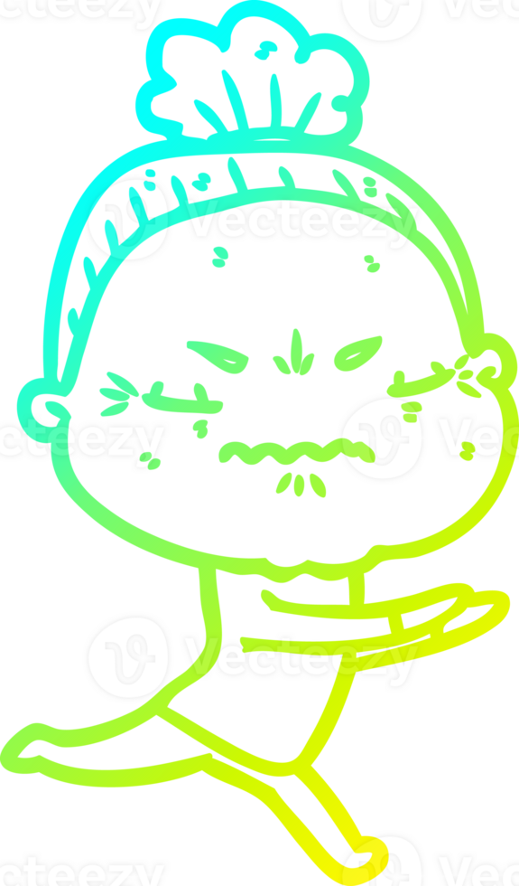 cold gradient line drawing of a cartoon annoyed old lady png
