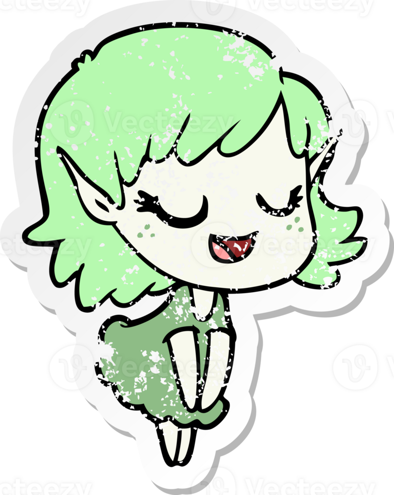 distressed sticker of a happy cartoon elf girl png