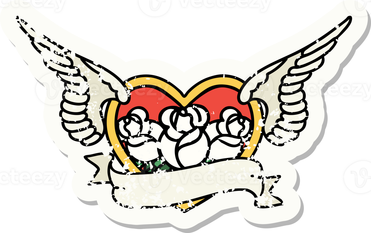 distressed sticker tattoo in traditional style of a flying heart with flowers and banner png
