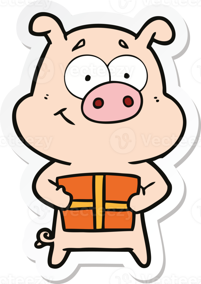 sticker of a happy cartoon pig holding christmas present png