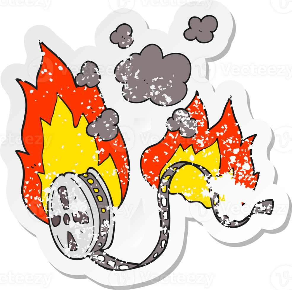 retro distressed sticker of a cartoon movie film burning png