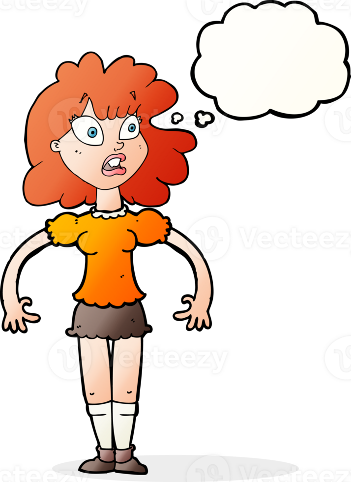 cartoon pretty girl with shocked expression with thought bubble png