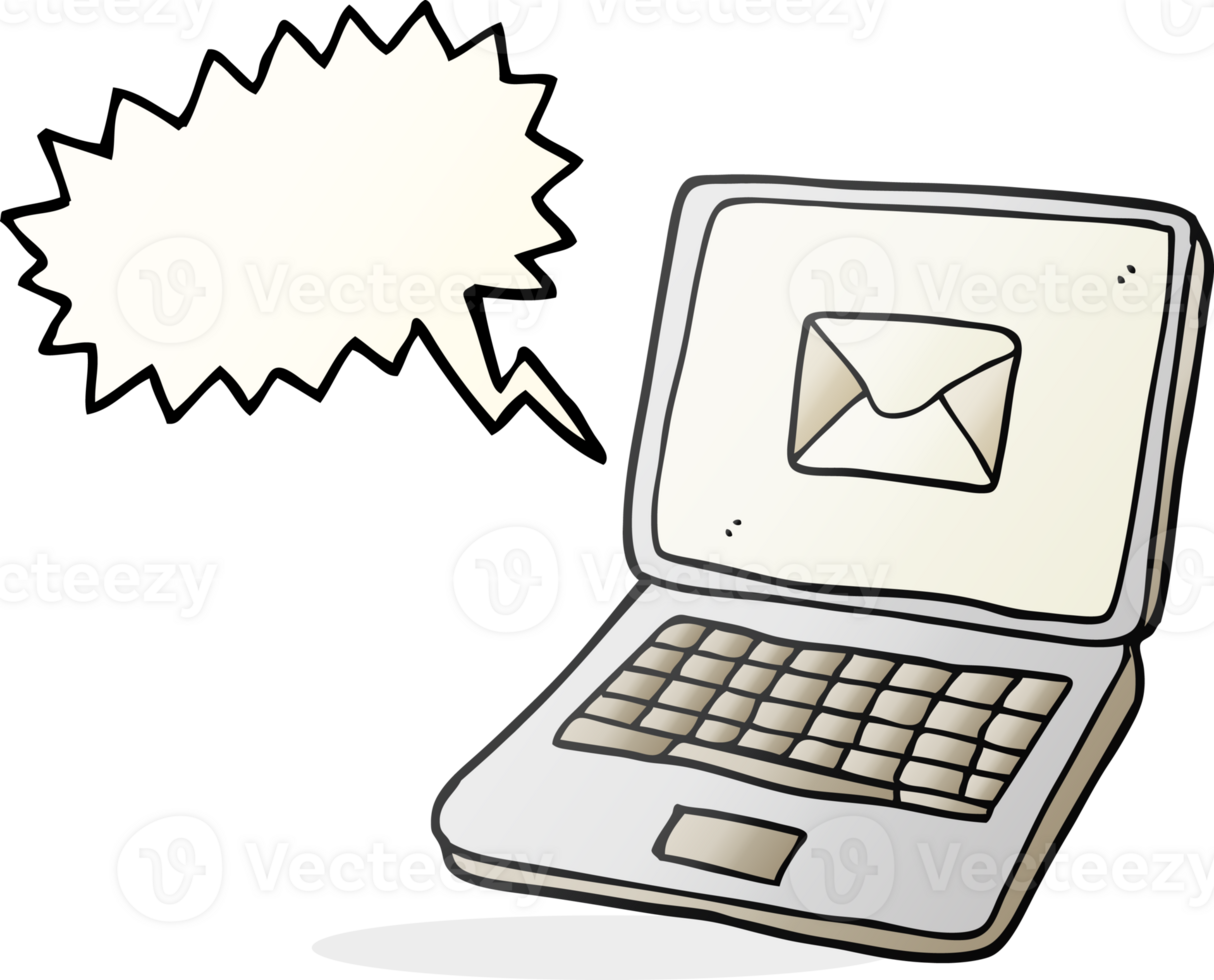 hand drawn speech bubble cartoon laptop computer with message symbol on screen png