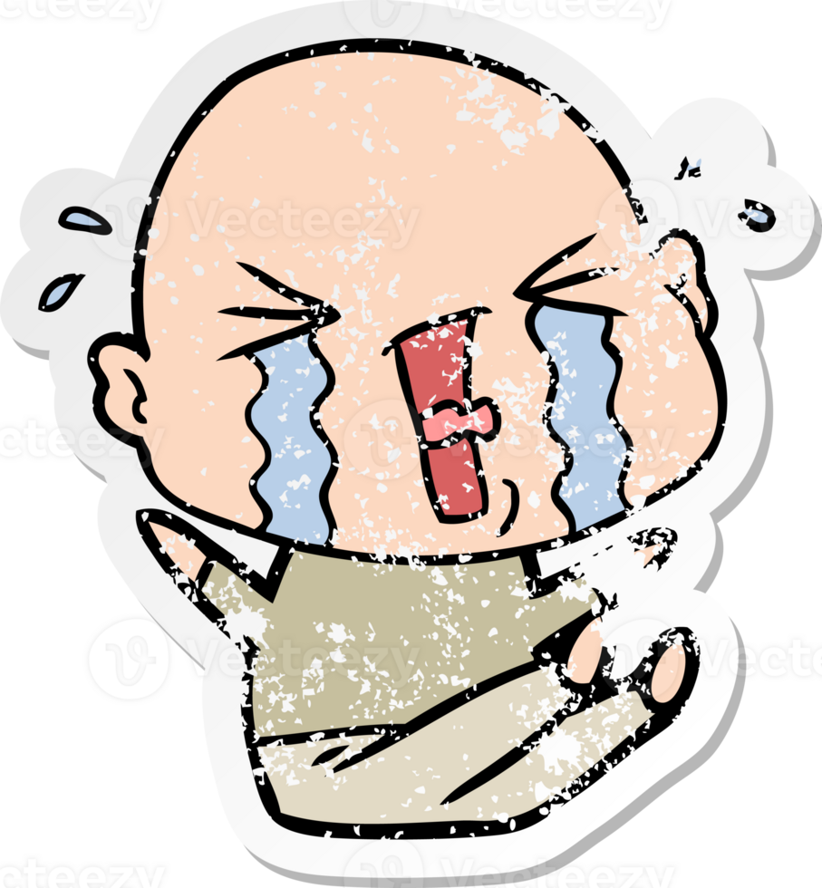 distressed sticker of a cartoon crying bald man png