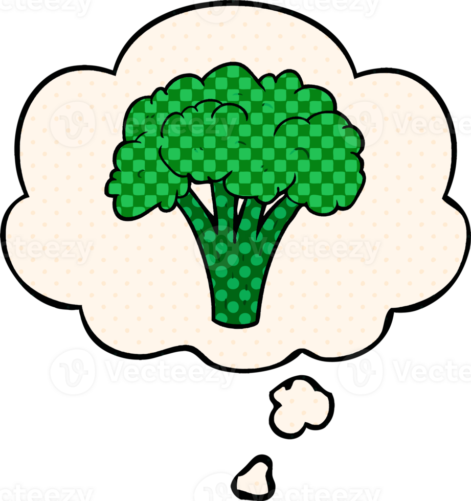 cartoon brocoli with thought bubble in comic book style png