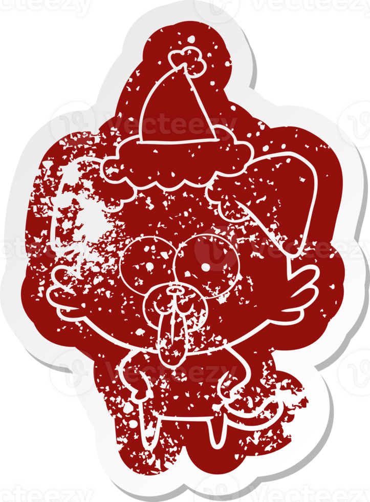 quirky cartoon distressed sticker of a dog with tongue sticking out wearing santa hat png