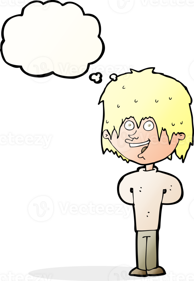 cartoon happy scruffy boy with thought bubble png