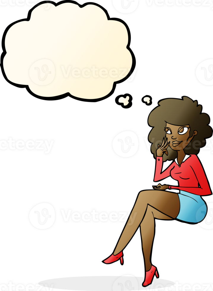 cartoon office woman sitting with thought bubble png