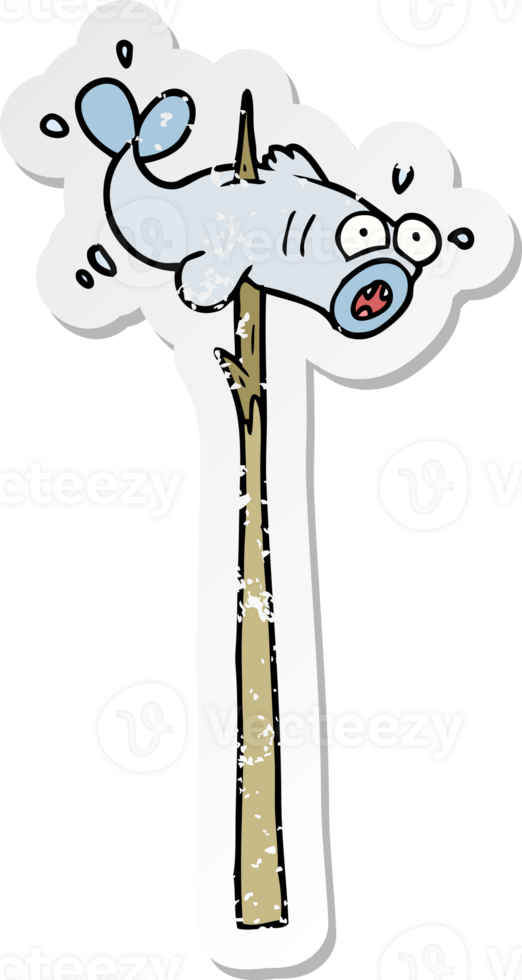 distressed sticker of a speared fish cartoon png
